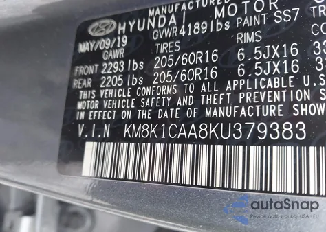 2019 Hyundai Kona Se z USA, uszkodzony, nr VIN KM8K1CAA8KU379383